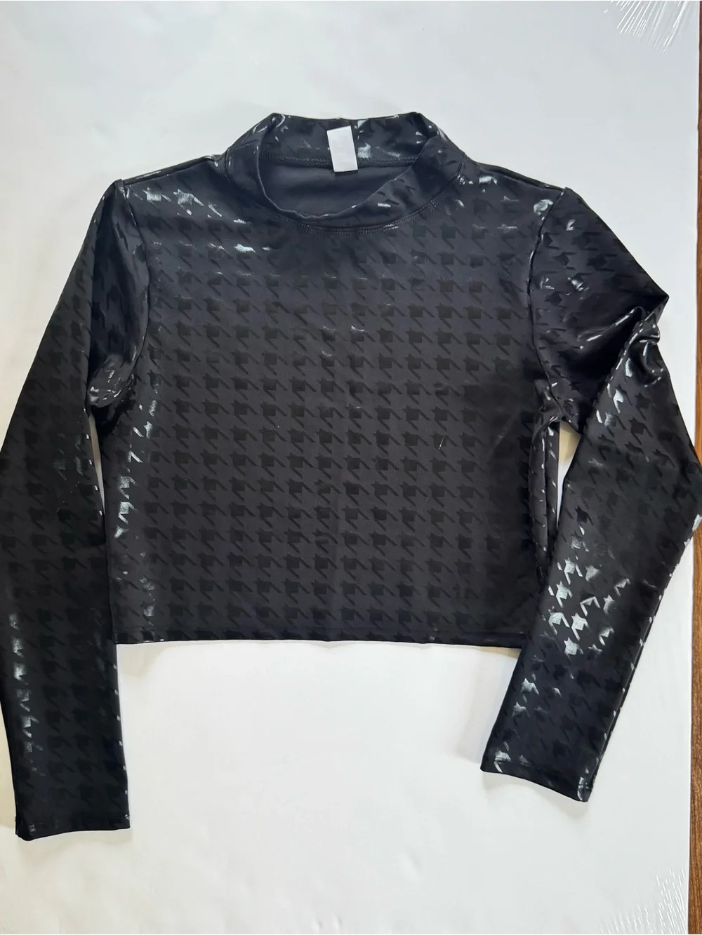 Noli Black Sheer Houndstooth Long Sleeve Crop Top - Picture 2 of 5